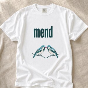 Mend Two Birds T-Shirt Sparrows on a Wire Screenprint Style Tee Quiet Repair Mutual Aid Cottagecore Bird Lover Graphic Tee Bild 4