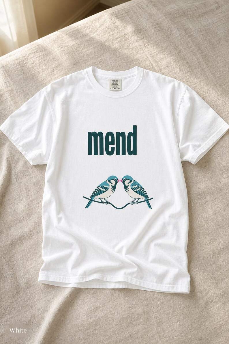 Mend Two Birds T-Shirt Sparrows on a Wire Screenprint Style Tee Quiet Repair Mutual Aid Cottagecore Bird Lover Graphic Tee Bild 4