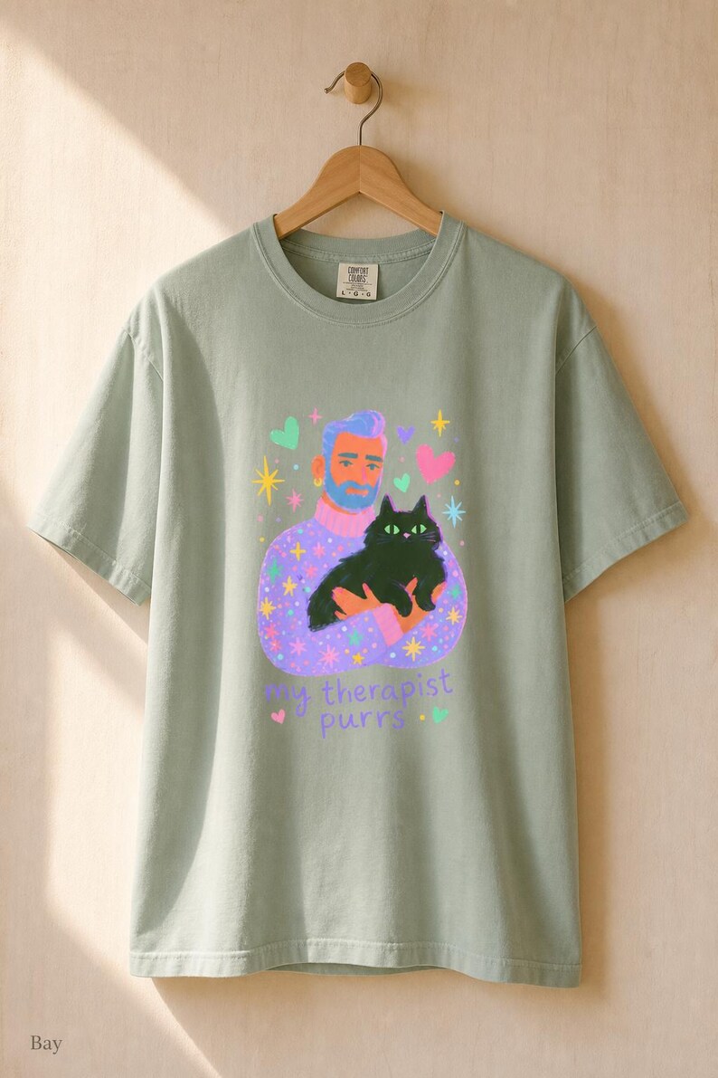 My Therapist Purrs T-Shirt, Bearded Man Holding Black Cat Tee, Cat Lover Gouache Illustration, Mental Health Cat Mom Dad Shirt imagem 5