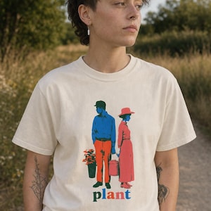 Plant Couple T-Shirt, Retro Screenprint Style Tee with Gardeners Holding Flowers and Watering Can, Cottage Garden Graphic Tee image 2