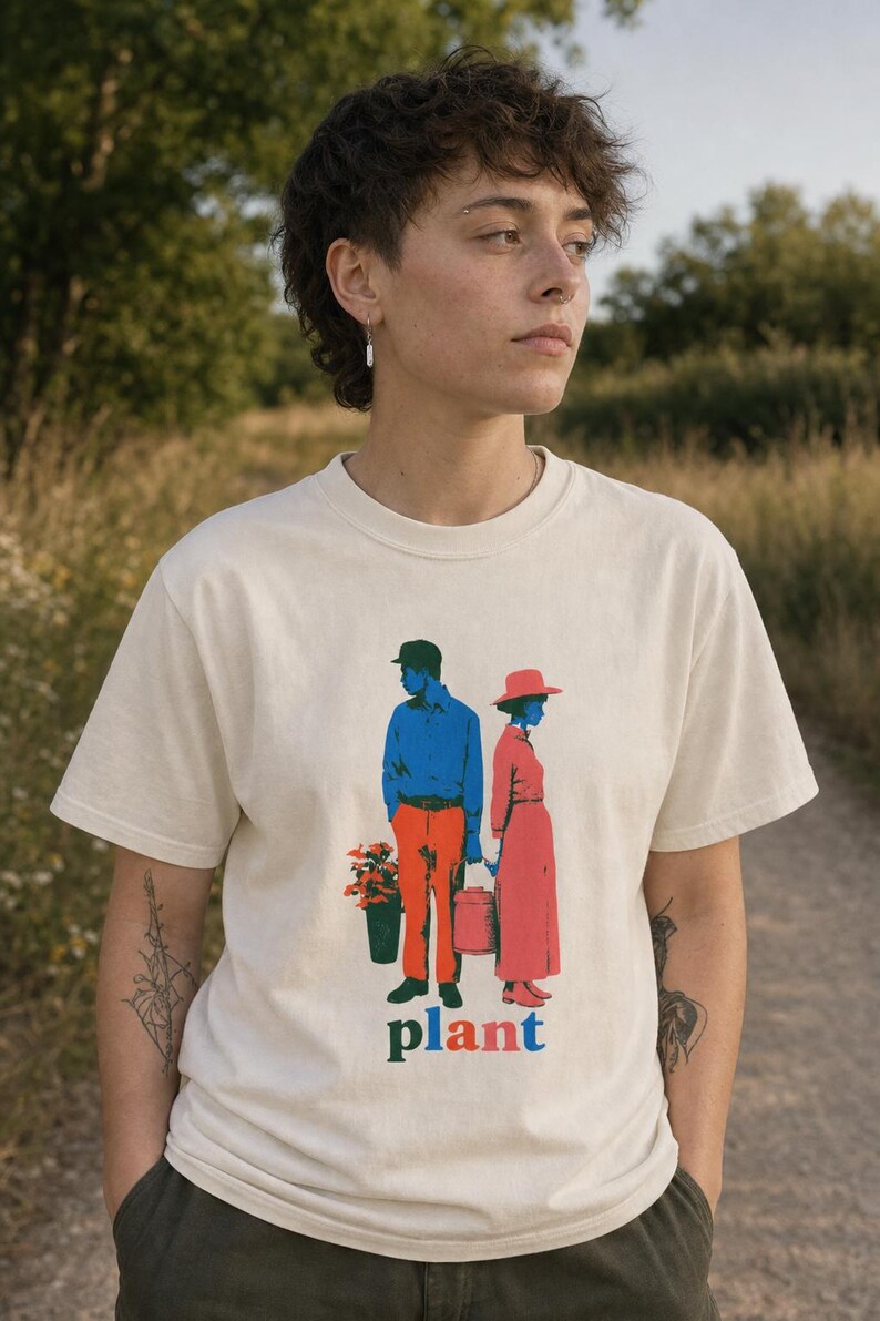 Plant Couple T-Shirt, Retro Screenprint Style Tee with Gardeners Holding Flowers and Watering Can, Cottage Garden Graphic Tee image 2