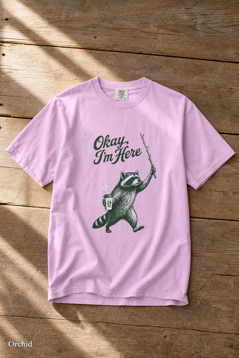 Okay I'm Here Raccoon T-Shirt, Stipple Raccoon with Coffee and Stick Graphic Tee, 24 Hour Gas Station Goblincore Shirt image 18
