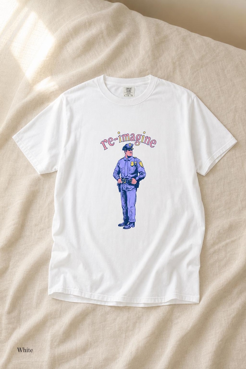 Re-imagine Police Officer T-Shirt Comic Style Cop Illustration Tee Community Reform Graphic Shirt Gift image 4