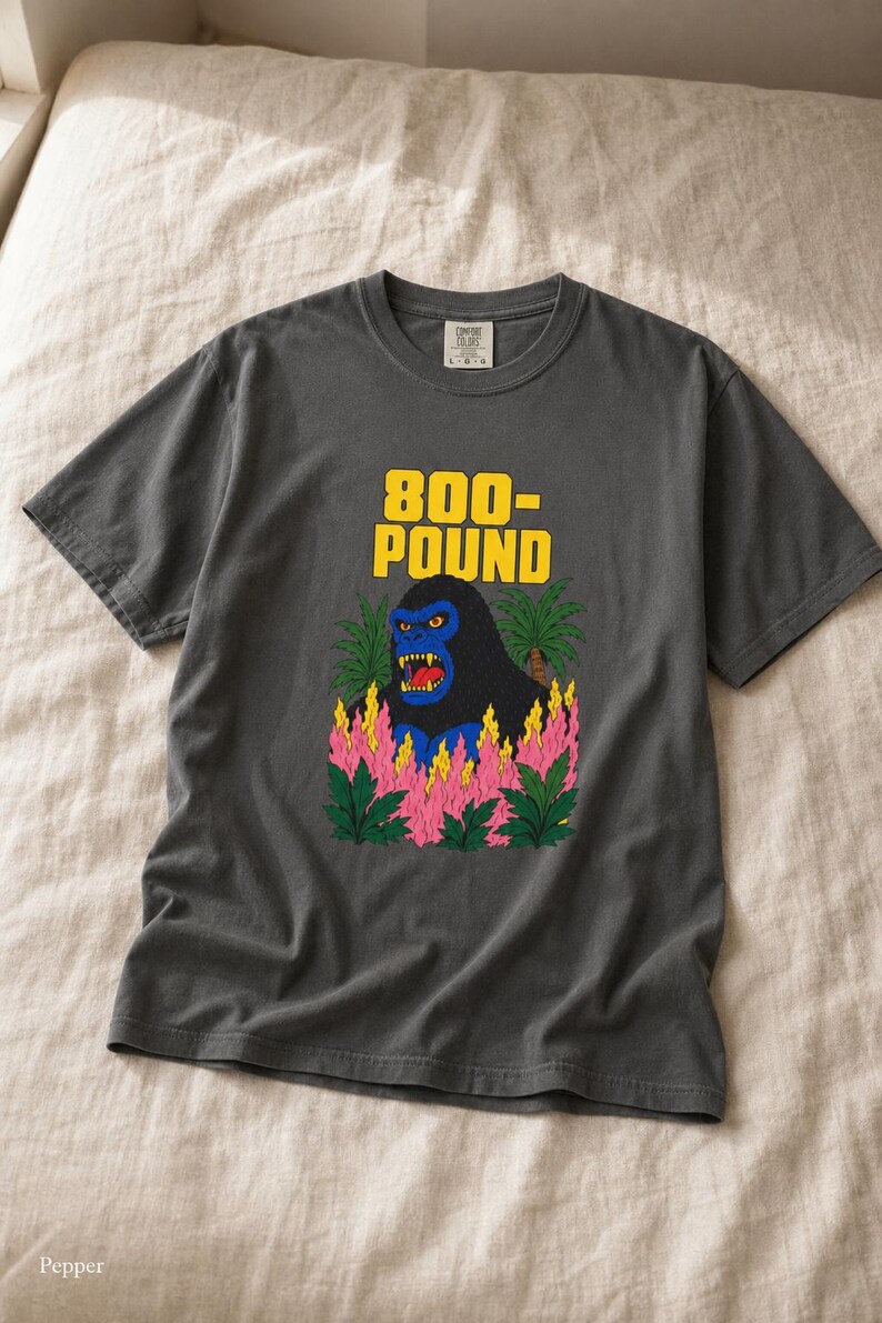 800-Pound Gorilla T-Shirt Pulp Poster Kaiju Tee Bold Flat Color Screenprint Style Roaring Ape Palm Trees Graphic Tee image 13