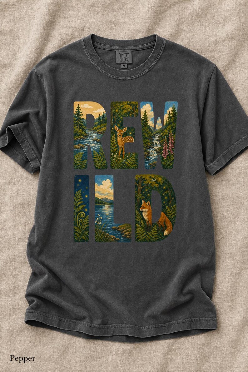 Camiseta con escena de naturaleza salvaje, camiseta con letras ilustradas con ciervo, zorro, bosque y río, camiseta de senderismo estilo cottagecore. imagen 12