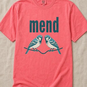 Mend Two Birds T-Shirt Sparrows on a Wire Screenprint Style Tee Quiet Repair Mutual Aid Cottagecore Bird Lover Graphic Tee Bild 15