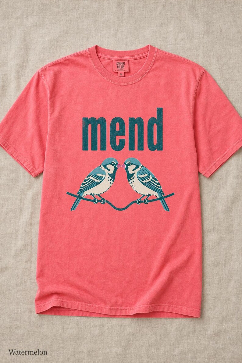 Mend Two Birds T-Shirt Sparrows on a Wire Screenprint Style Tee Quiet Repair Mutual Aid Cottagecore Bird Lover Graphic Tee Bild 15