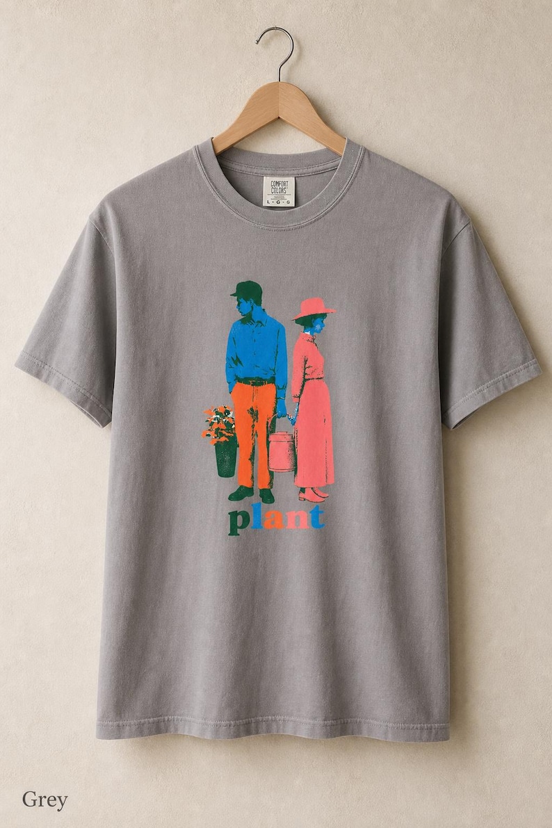 Plant Couple T-Shirt, Retro Screenprint Style Tee with Gardeners Holding Flowers and Watering Can, Cottage Garden Graphic Tee image 12