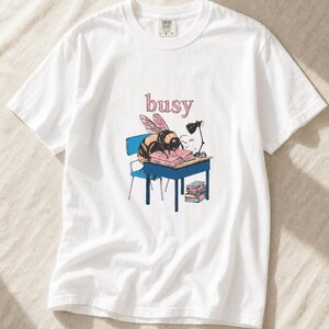 Busy Bee at Desk T-Shirt, Bumblebee Studying Illustration Tee, Bookish Cottagecore Graphic Shirt, Hard Worker Gift image 4