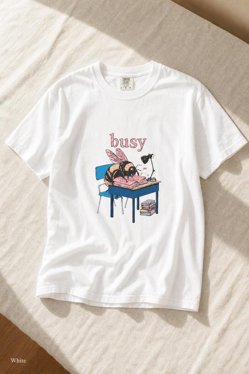 Busy Bee at Desk T-Shirt, Bumblebee Studying Illustration Tee, Bookish Cottagecore Graphic Shirt, Hard Worker Gift image 4