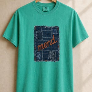 Mend Sashiko Boro Patch T-Shirt Visible Mending Embroidered Denim Look Slow Stitch Repair Graphic Tee Mutual Aid Gift image 14