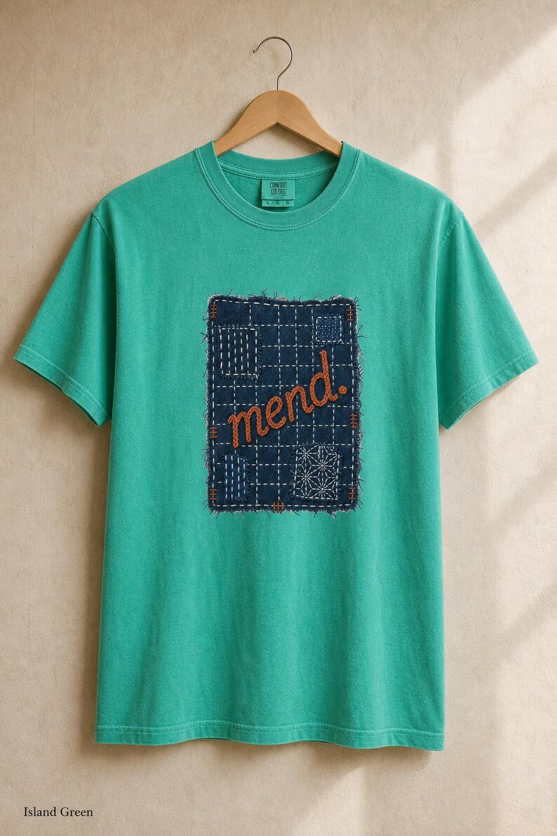 Mend Sashiko Boro Patch T-Shirt Visible Mending Embroidered Denim Look Slow Stitch Repair Graphic Tee Mutual Aid Gift image 14