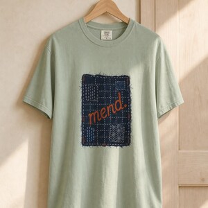 Mend Sashiko Boro Patch T-Shirt Visible Mending Embroidered Denim Look Slow Stitch Repair Graphic Tee Mutual Aid Gift image 5