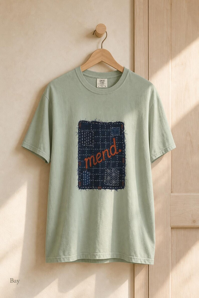 Mend Sashiko Boro Patch T-Shirt Visible Mending Embroidered Denim Look Slow Stitch Repair Graphic Tee Mutual Aid Gift image 5