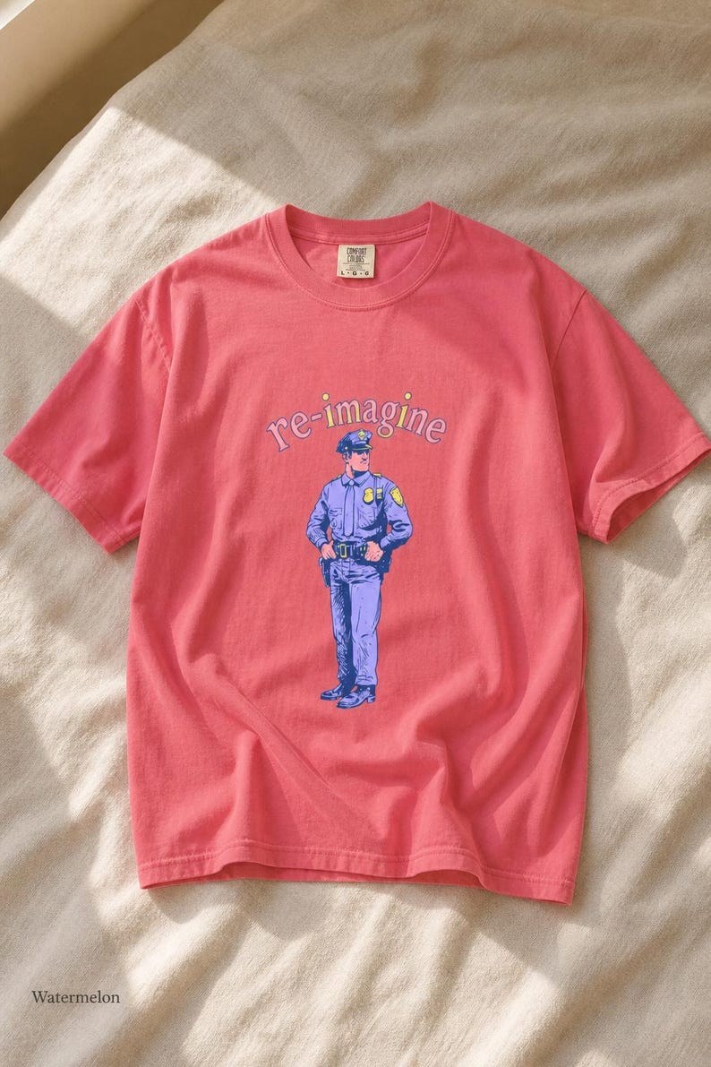 Re-imagine Police Officer T-Shirt Comic Style Cop Illustration Tee Community Reform Graphic Shirt Gift image 16