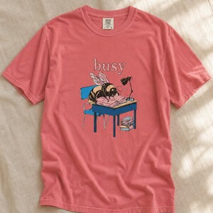 Busy Bee at Desk T-Shirt, Bumblebee Studying Illustration Tee, Bookish Cottagecore Graphic Shirt, Hard Worker Gift image 15
