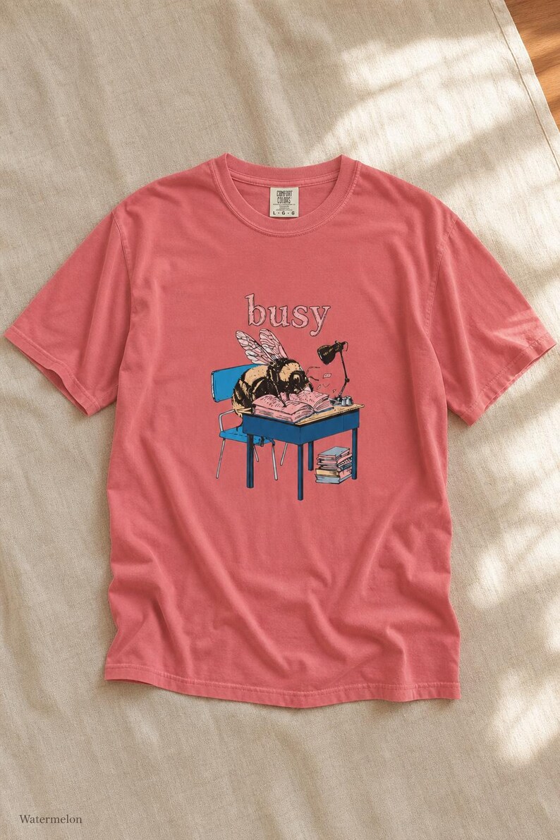 Busy Bee at Desk T-Shirt, Bumblebee Studying Illustration Tee, Bookish Cottagecore Graphic Shirt, Hard Worker Gift image 15