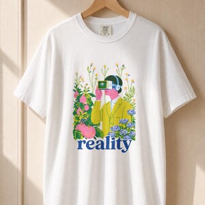 Reality VR Headset Garden T-Shirt Person in Yellow Jacket Among Daisies Hydrangeas and Peaches Botanical Graphic Tee image 4