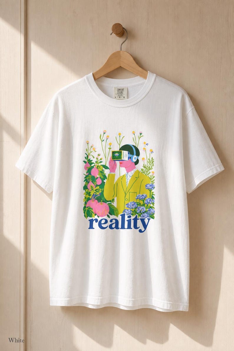 Reality VR Headset Garden T-Shirt Person in Yellow Jacket Among Daisies Hydrangeas and Peaches Botanical Graphic Tee image 4