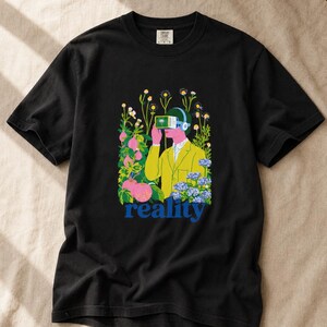 Reality VR Headset Garden T-Shirt Person in Yellow Jacket Among Daisies Hydrangeas and Peaches Botanical Graphic Tee image 6
