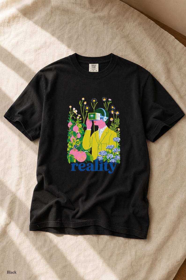 Reality VR Headset Garden T-Shirt Person in Yellow Jacket Among Daisies Hydrangeas and Peaches Botanical Graphic Tee image 6