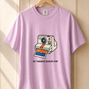 Retro Polaroid Camera T-Shirt, My Therapist Develops Slow, Vintage Instant Photo Tee, Film Photography Graphic Tee, Sunset Print image 17