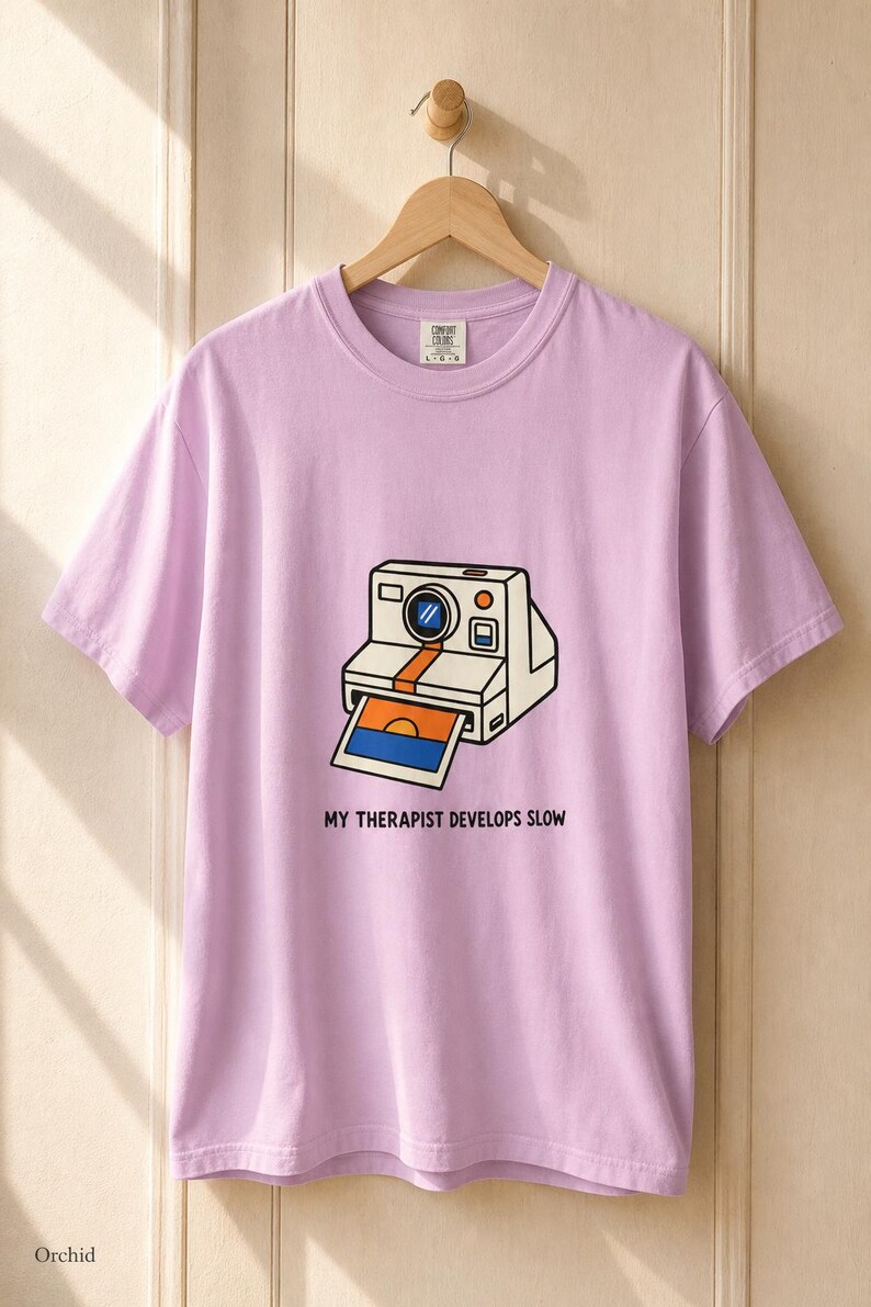 Retro Polaroid Camera T-Shirt, My Therapist Develops Slow, Vintage Instant Photo Tee, Film Photography Graphic Tee, Sunset Print image 17