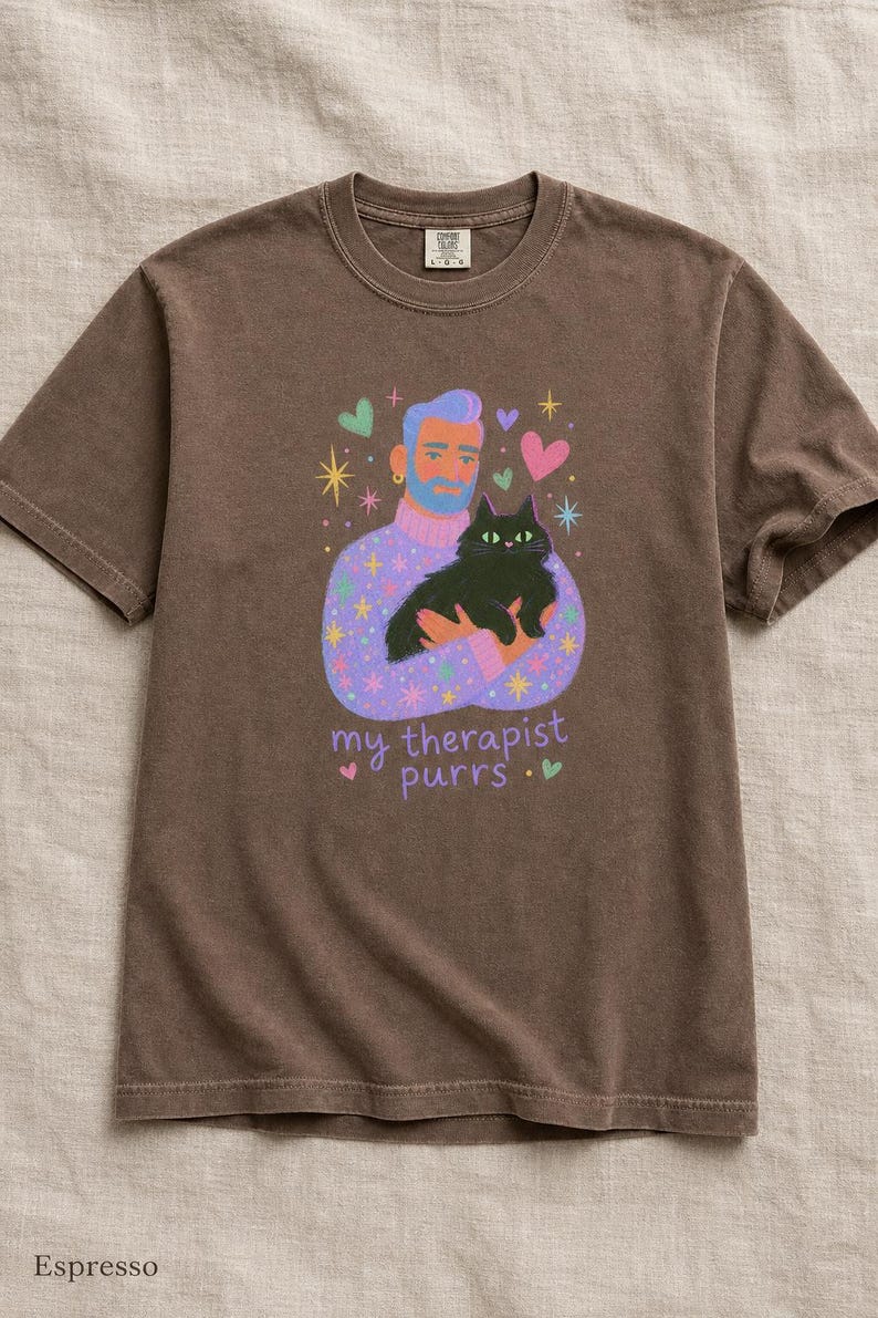 My Therapist Purrs T-Shirt, Bearded Man Holding Black Cat Tee, Cat Lover Gouache Illustration, Mental Health Cat Mom Dad Shirt imagem 18