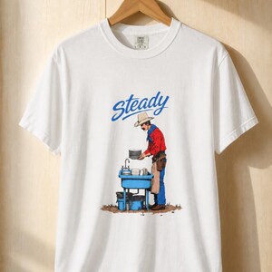 Steady Cowboy Washing Dishes T-Shirt, Mustached Ranch Hand at Blue Sink Graphic Tee, Quiet Work Western Shirt image 4