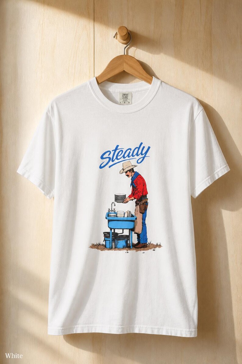 Steady Cowboy Washing Dishes T-Shirt, Mustached Ranch Hand at Blue Sink Graphic Tee, Quiet Work Western Shirt image 4