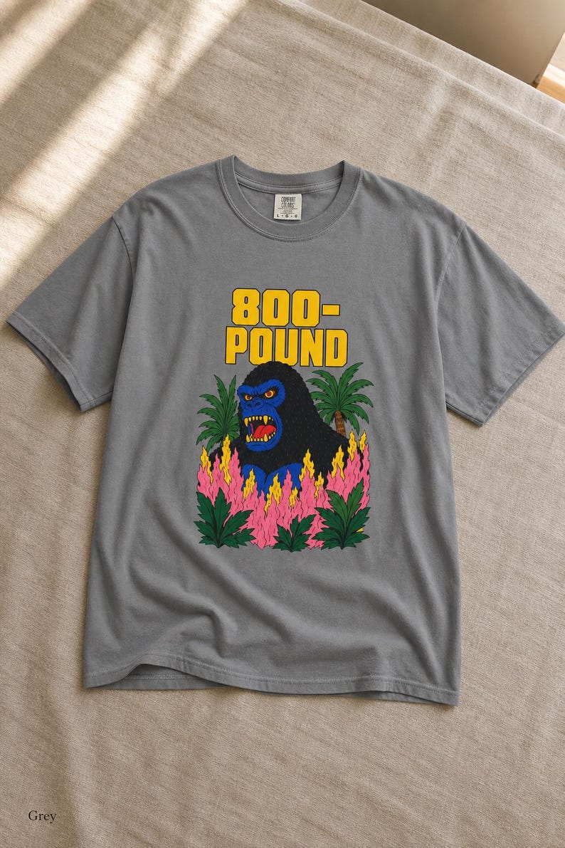 800-Pound Gorilla T-Shirt Pulp Poster Kaiju Tee Bold Flat Color Screenprint Style Roaring Ape Palm Trees Graphic Tee image 14