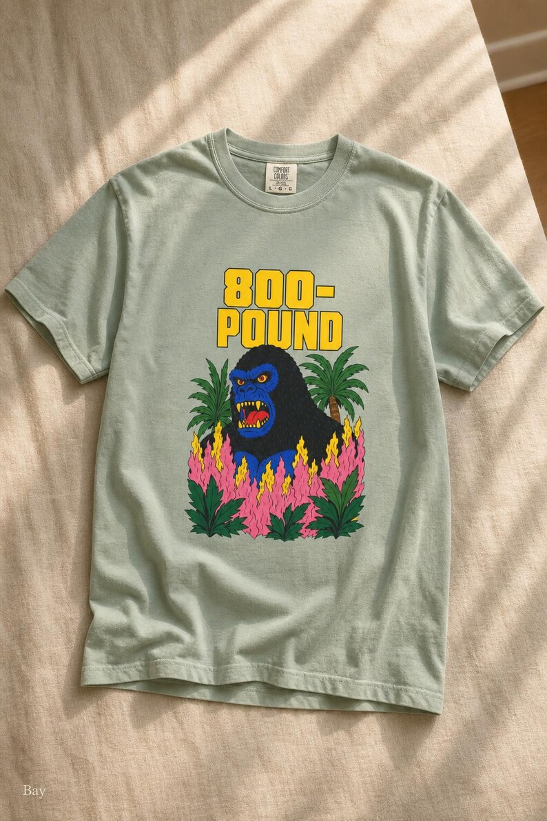 800-Pound Gorilla T-Shirt Pulp Poster Kaiju Tee Bold Flat Color Screenprint Style Roaring Ape Palm Trees Graphic Tee image 5