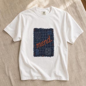 Mend Sashiko Boro Patch T-Shirt Visible Mending Embroidered Denim Look Slow Stitch Repair Graphic Tee Mutual Aid Gift image 4