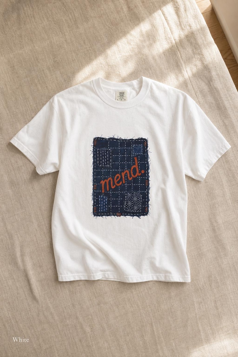 Mend Sashiko Boro Patch T-Shirt Visible Mending Embroidered Denim Look Slow Stitch Repair Graphic Tee Mutual Aid Gift image 4