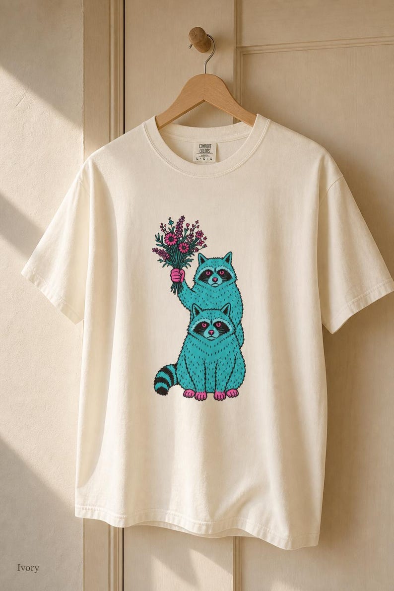 Two Raccoons Holding Wildflowers T-Shirt, Teal and Pink Riso Style Raccoon Tee, Cottagecore Animal Graphic Shirt, Soft Protest Gift image 6