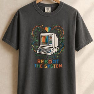 Reboot The System T-Shirt, Retro Computer with Vines and Rainbow Heart Tee, Vintage PC Graphic Cottagecore Tech Shirt image 1