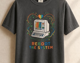Reboot The System T-Shirt, Retro Computer with Vines and Rainbow Heart Tee, Vintage PC Graphic Cottagecore Tech Shirt