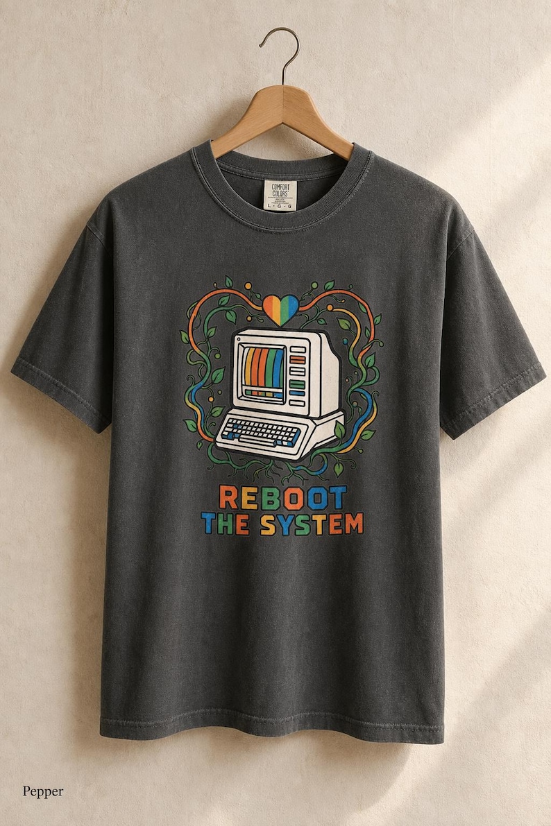 Reboot The System T-Shirt, Retro Computer with Vines and Rainbow Heart Tee, Vintage PC Graphic Cottagecore Tech Shirt image 1