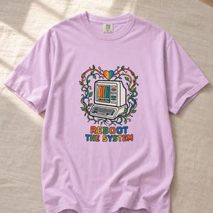 Reboot The System T-Shirt, Retro Computer with Vines and Rainbow Heart Tee, Vintage PC Graphic Cottagecore Tech Shirt image 18
