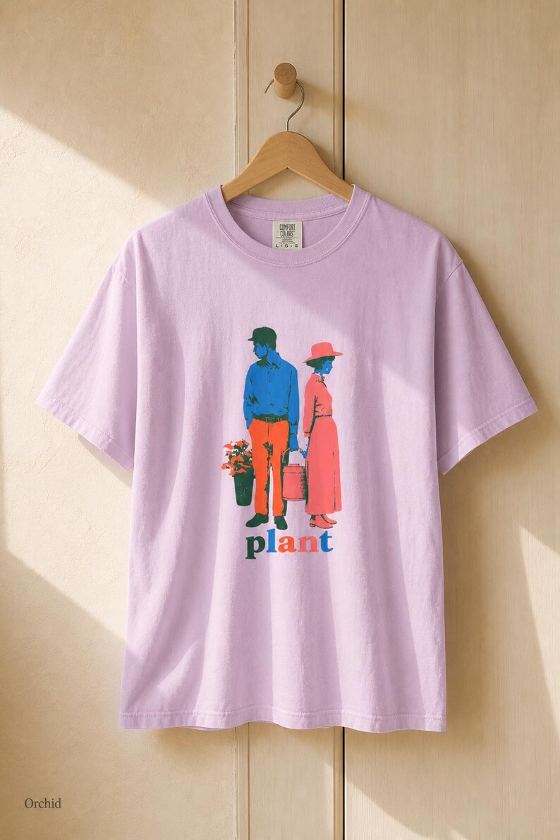 Plant Couple T-Shirt, Retro Screenprint Style Tee with Gardeners Holding Flowers and Watering Can, Cottage Garden Graphic Tee image 17