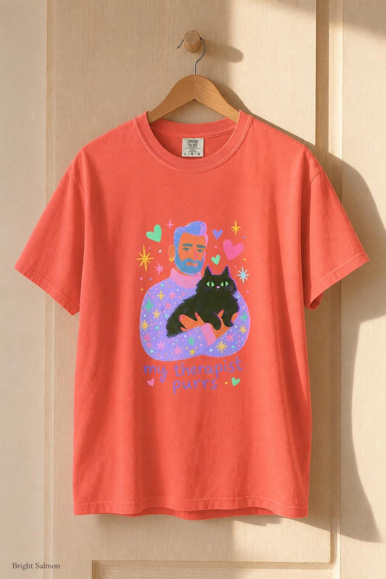 My Therapist Purrs T-Shirt, Bearded Man Holding Black Cat Tee, Cat Lover Gouache Illustration, Mental Health Cat Mom Dad Shirt imagem 11