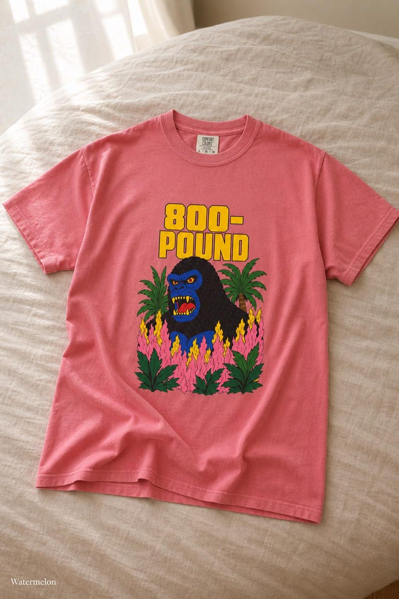 800-Pound Gorilla T-Shirt Pulp Poster Kaiju Tee Bold Flat Color Screenprint Style Roaring Ape Palm Trees Graphic Tee image 15