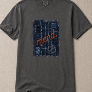 Mend Sashiko Boro Patch T-Shirt Visible Mending Embroidered Denim Look Slow Stitch Repair Graphic Tee Mutual Aid Gift image 1
