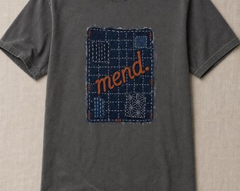 Mend Sashiko Boro Patch T-Shirt Visible Mending Embroidered Denim Look Slow Stitch Repair Graphic Tee Mutual Aid Gift