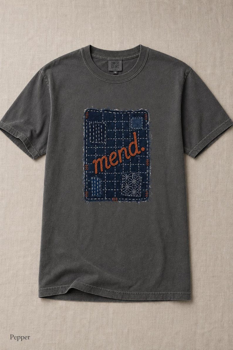 Mend Sashiko Boro Patch T-Shirt Visible Mending Embroidered Denim Look Slow Stitch Repair Graphic Tee Mutual Aid Gift image 1