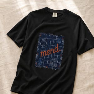 Mend Sashiko Boro Patch T-Shirt Visible Mending Embroidered Denim Look Slow Stitch Repair Graphic Tee Mutual Aid Gift image 6