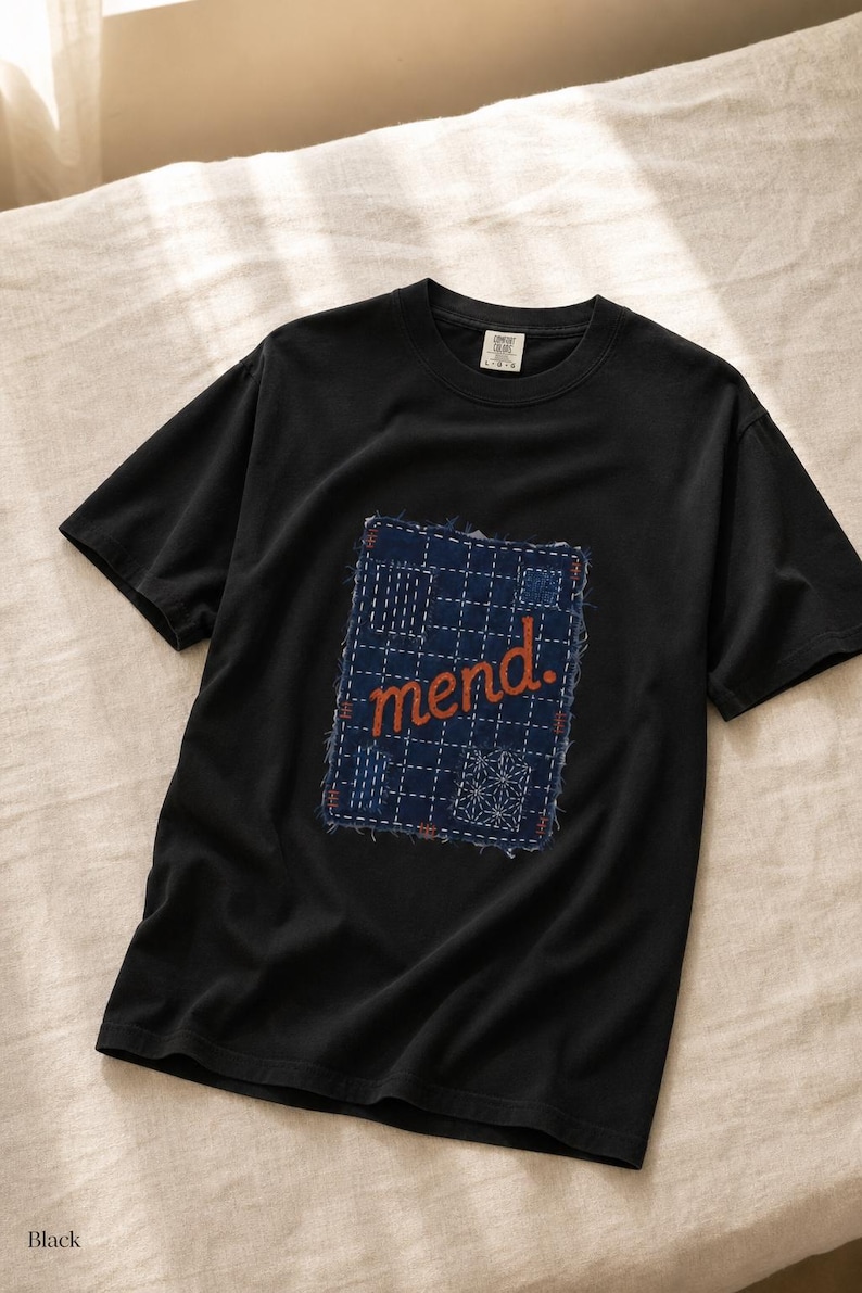 Mend Sashiko Boro Patch T-Shirt Visible Mending Embroidered Denim Look Slow Stitch Repair Graphic Tee Mutual Aid Gift image 6