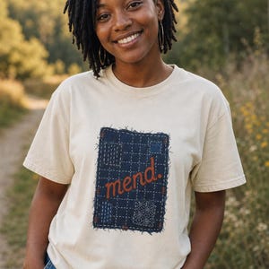 Mend Sashiko Boro Patch T-Shirt Visible Mending Embroidered Denim Look Slow Stitch Repair Graphic Tee Mutual Aid Gift image 2
