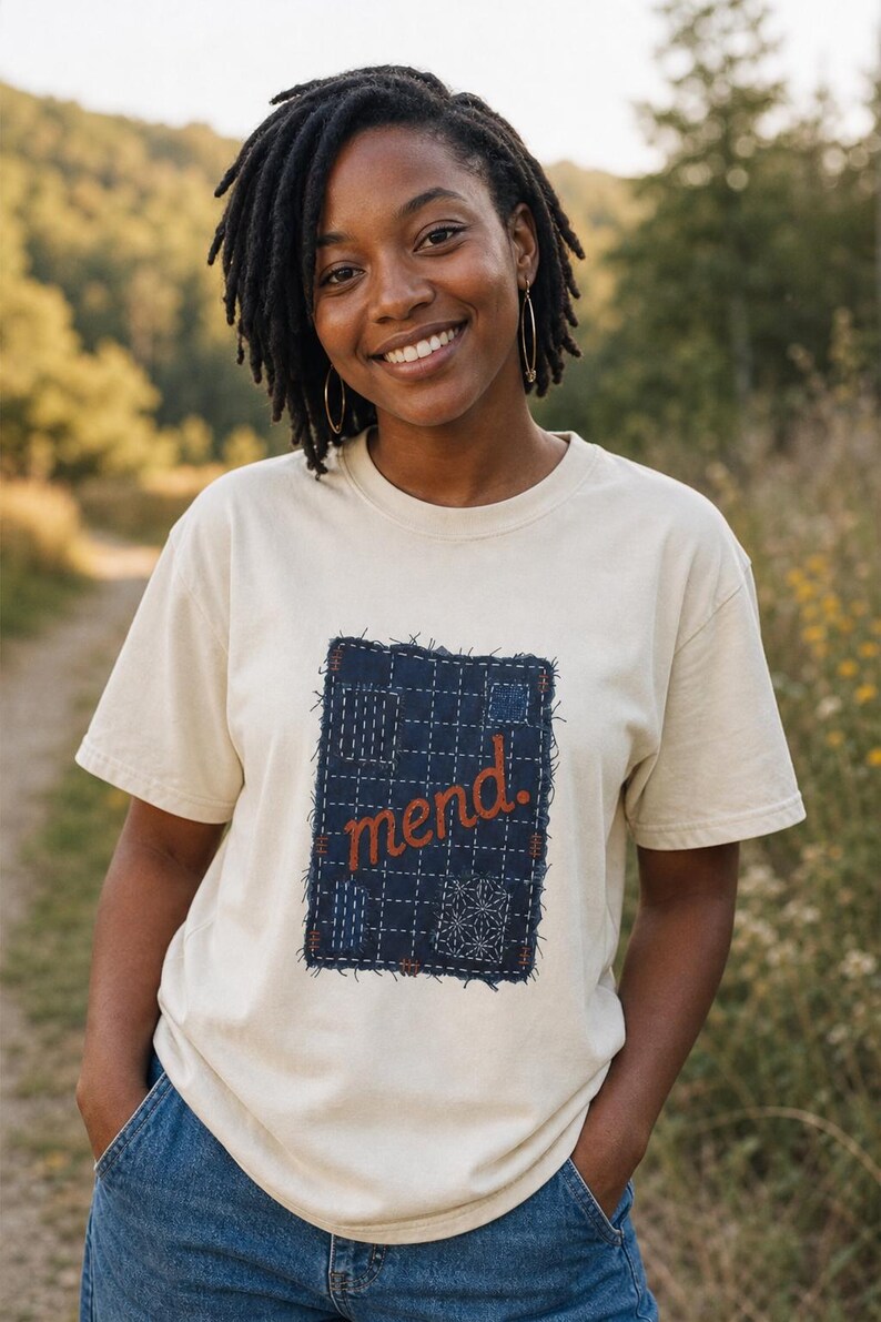 Mend Sashiko Boro Patch T-Shirt Visible Mending Embroidered Denim Look Slow Stitch Repair Graphic Tee Mutual Aid Gift image 2