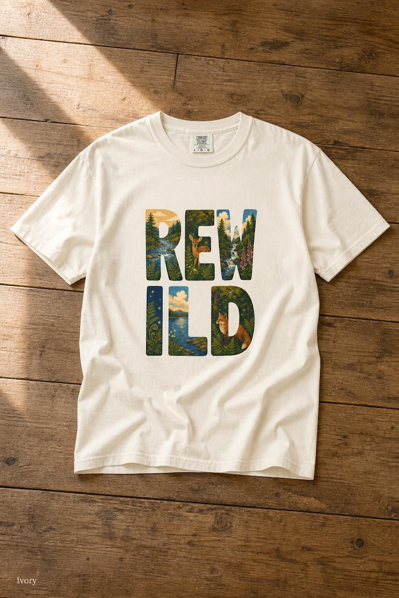 Camiseta con escena de naturaleza salvaje, camiseta con letras ilustradas con ciervo, zorro, bosque y río, camiseta de senderismo estilo cottagecore. imagen 6